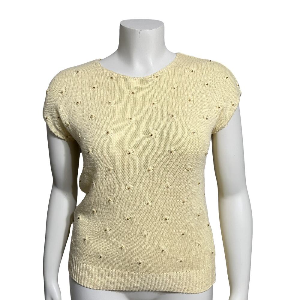 💫Career Connection Airy Yellow Pearl Beaded Cap Sleeve Pullover Sweater Sz-Lg